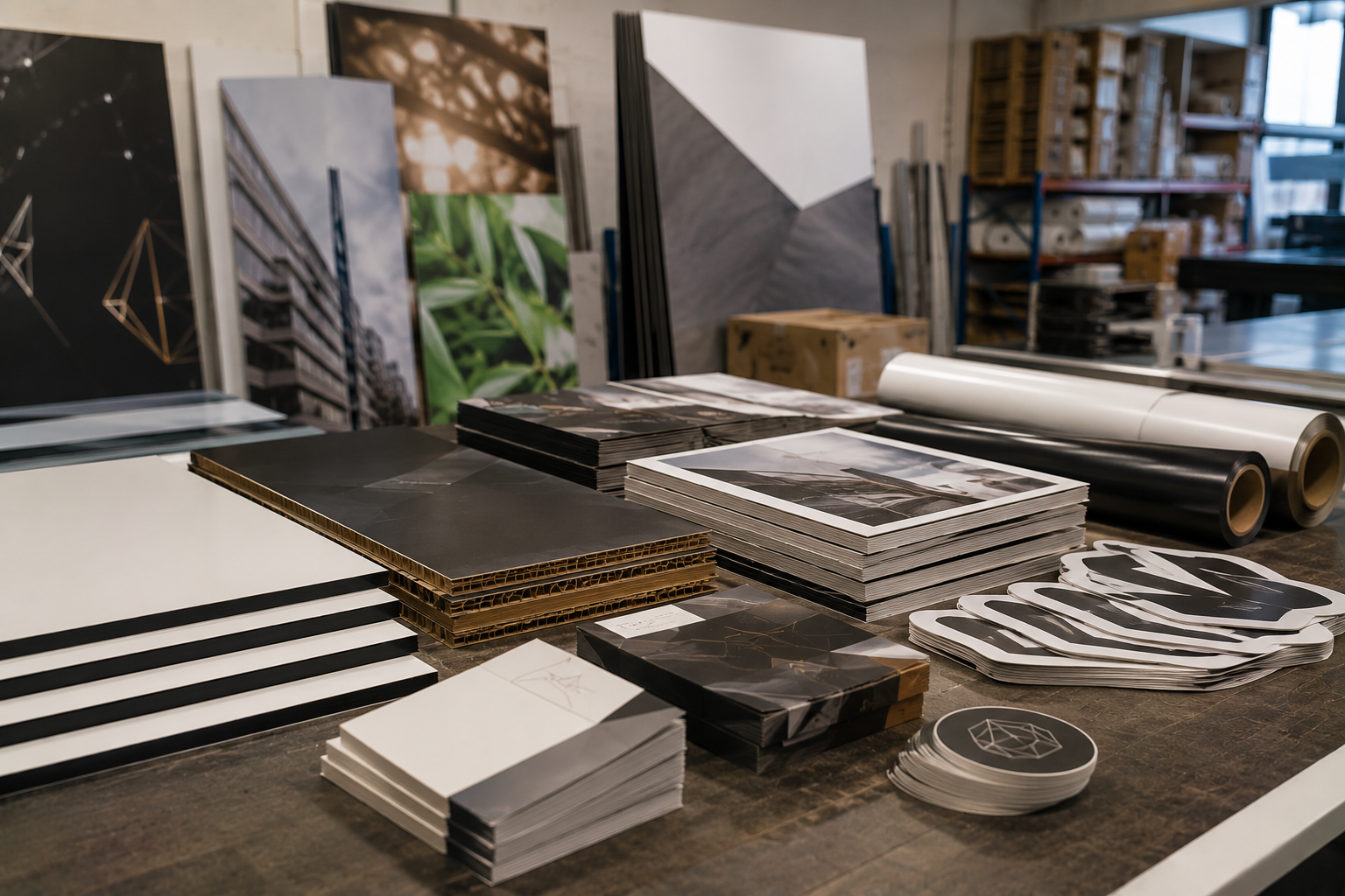 Verschillende afgewerkte printproducten in een productieatelier